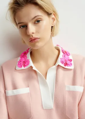 Essentiel Antwerp HOISEAU Pink and white polo top with sequin and bead embellishments