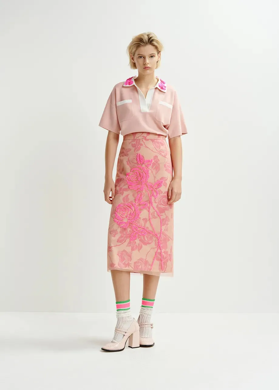 Essentiel Antwerp HOISEAU Pink and white polo top with sequin and bead embellishments