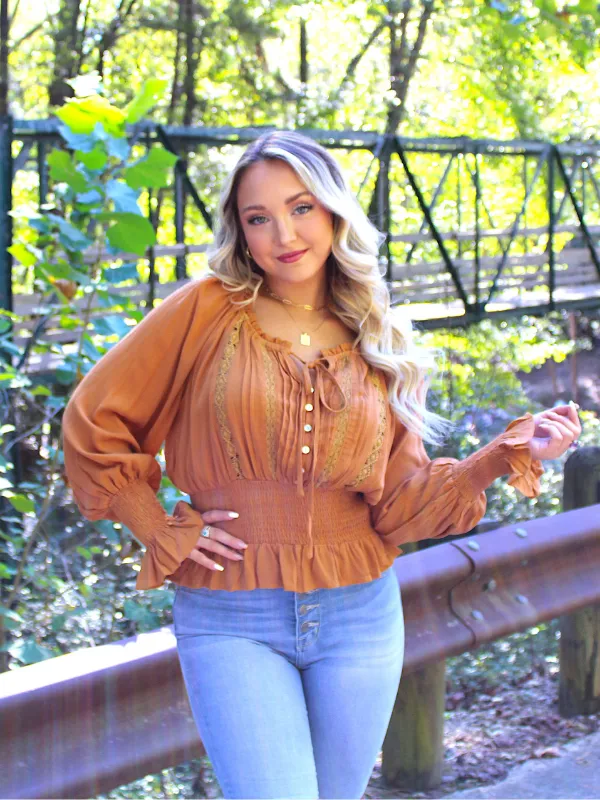 Flirtatious Moments Long Sleeve Top Tie Neck with Embroidery, Pumpkin
