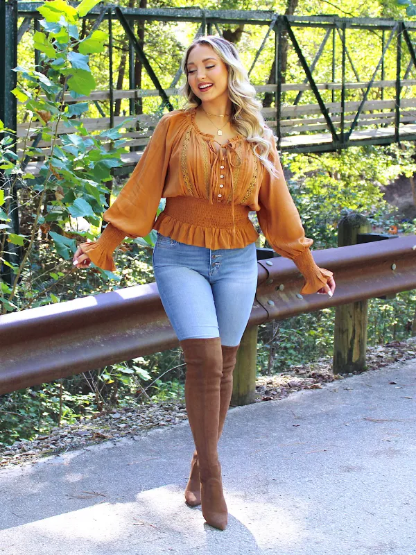 Flirtatious Moments Long Sleeve Top Tie Neck with Embroidery, Pumpkin