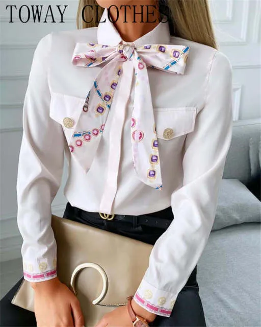 Floral &amp; Chains Print Casual Blouse Chic Office Lady Elegant Spring Fall Top Shirt Streetwear Women Long Sleeve Shirts