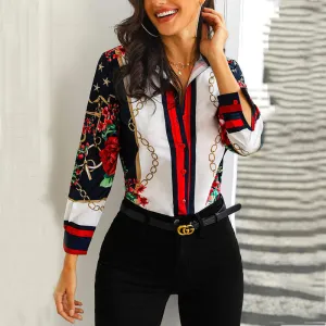 Floral &amp; Chains Print Casual Blouse Chic Office Lady Elegant Spring Fall Top Shirt Streetwear Women Long Sleeve Shirts
