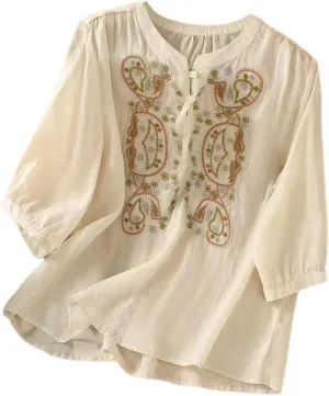 Floral Embroidered Tops Women Cotton Linen Shirts Boho Ethnic Style Flowy Blouse 3/4 Sleeve V Neck Button Tunic Shirt