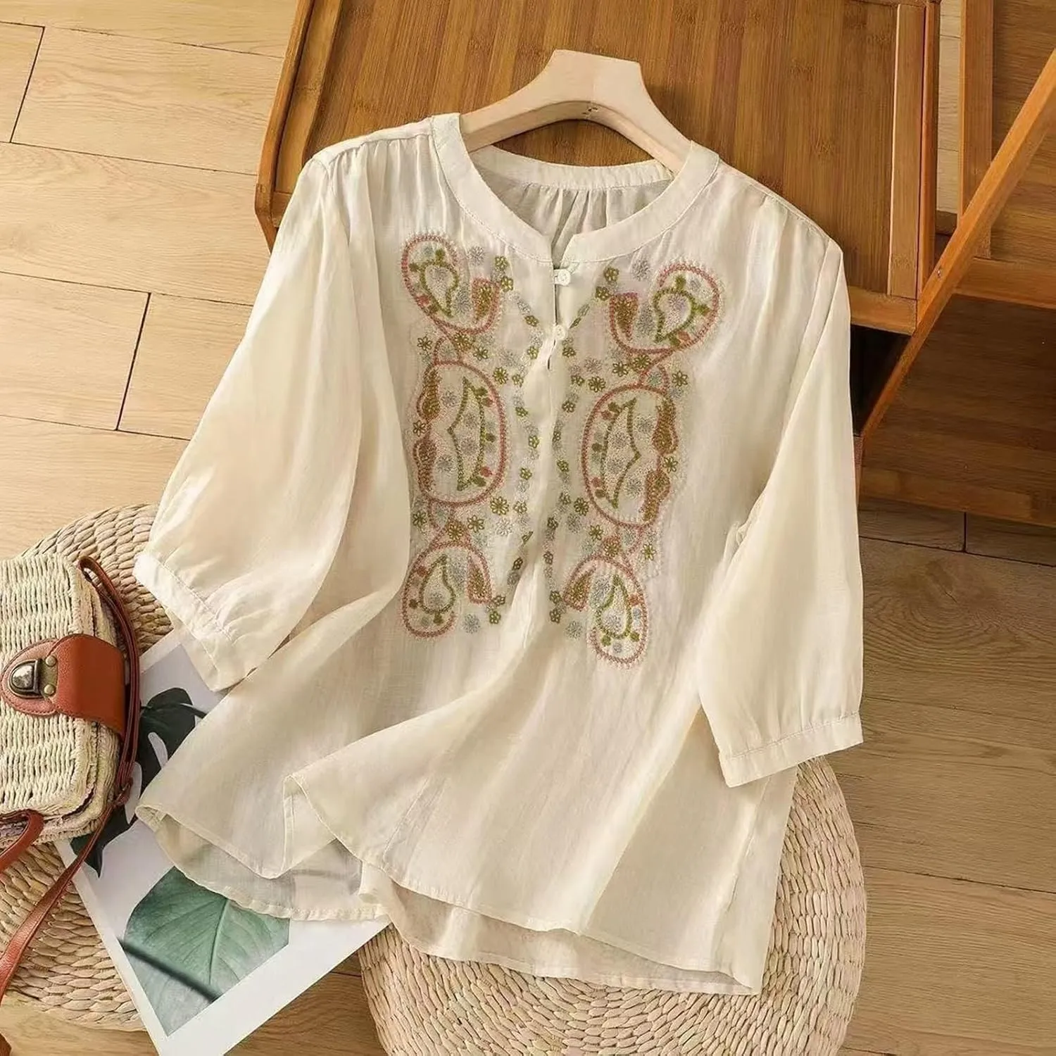 Floral Embroidered Tops Women Cotton Linen Shirts Boho Ethnic Style Flowy Blouse 3/4 Sleeve V Neck Button Tunic Shirt