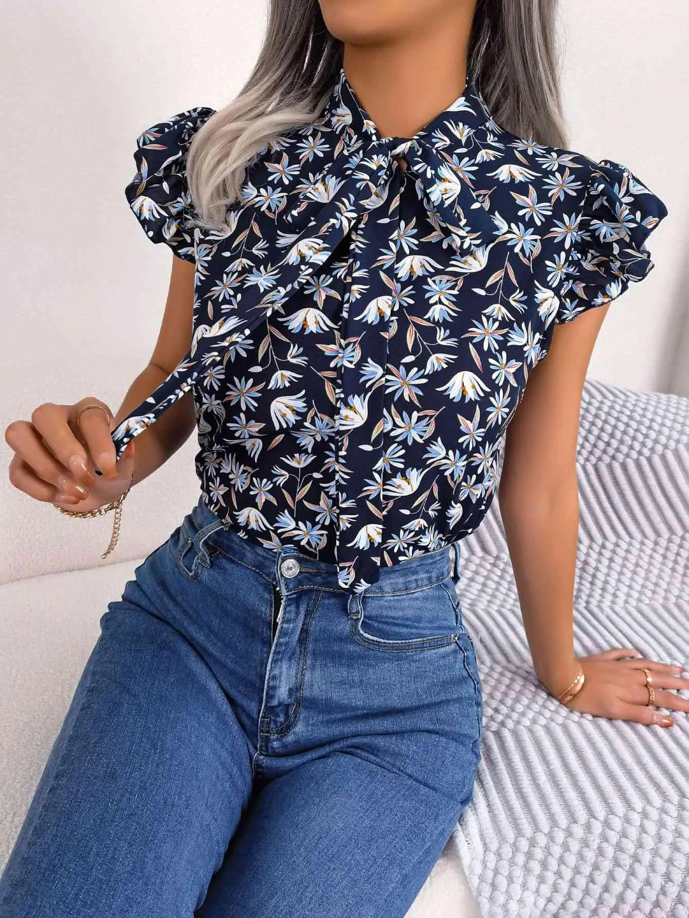 Girly Chic Tie Mock Neck Flutter Sleeve Floral Blouse