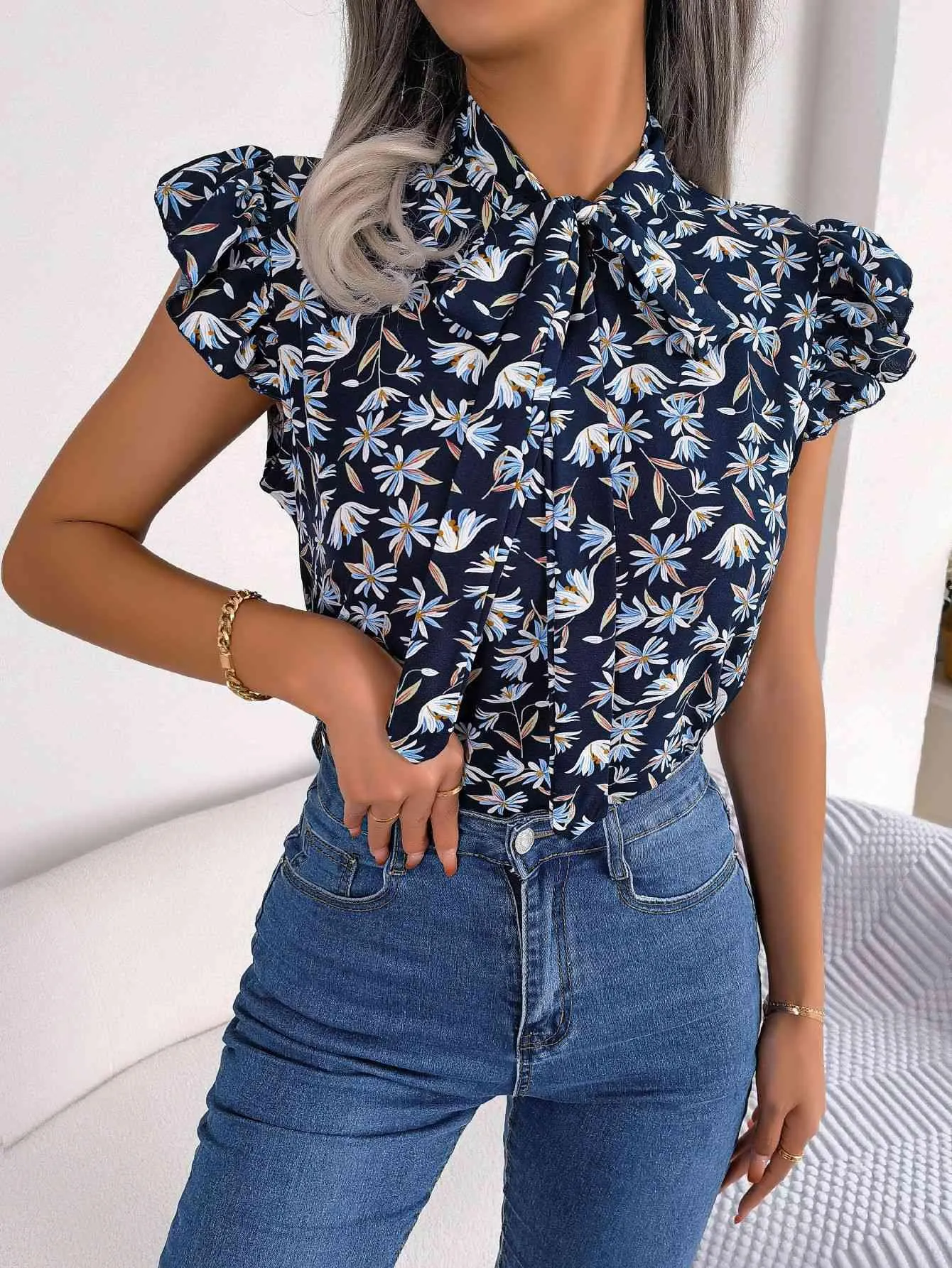 Girly Chic Tie Mock Neck Flutter Sleeve Floral Blouse
