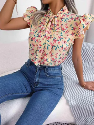 Girly Chic Tie Mock Neck Flutter Sleeve Floral Blouse