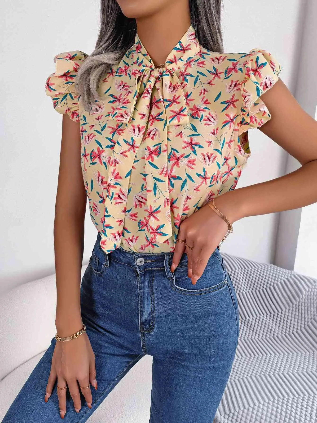 Girly Chic Tie Mock Neck Flutter Sleeve Floral Blouse