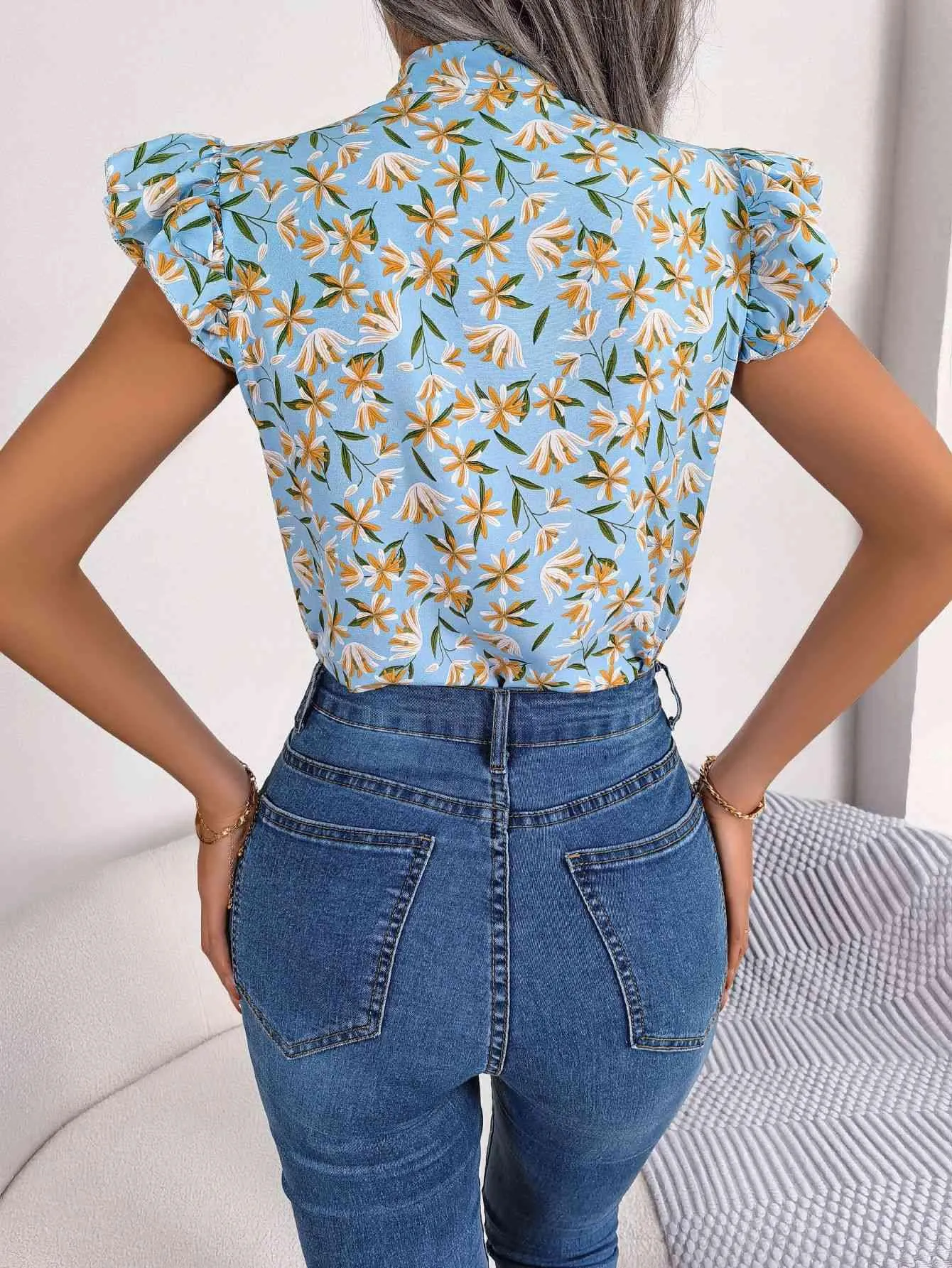 Girly Chic Tie Mock Neck Flutter Sleeve Floral Blouse