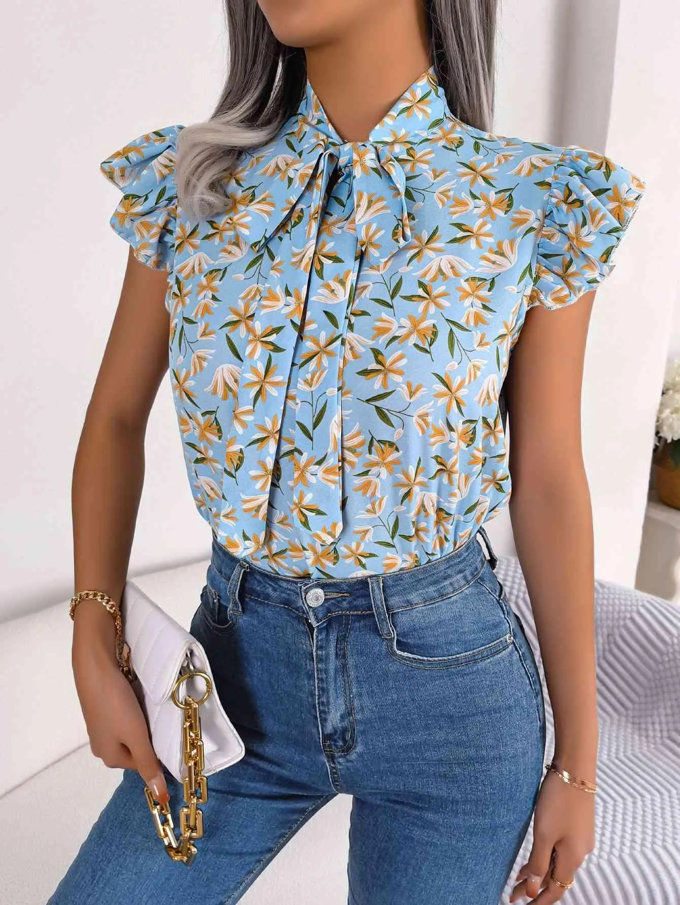 Girly Chic Tie Mock Neck Flutter Sleeve Floral Blouse
