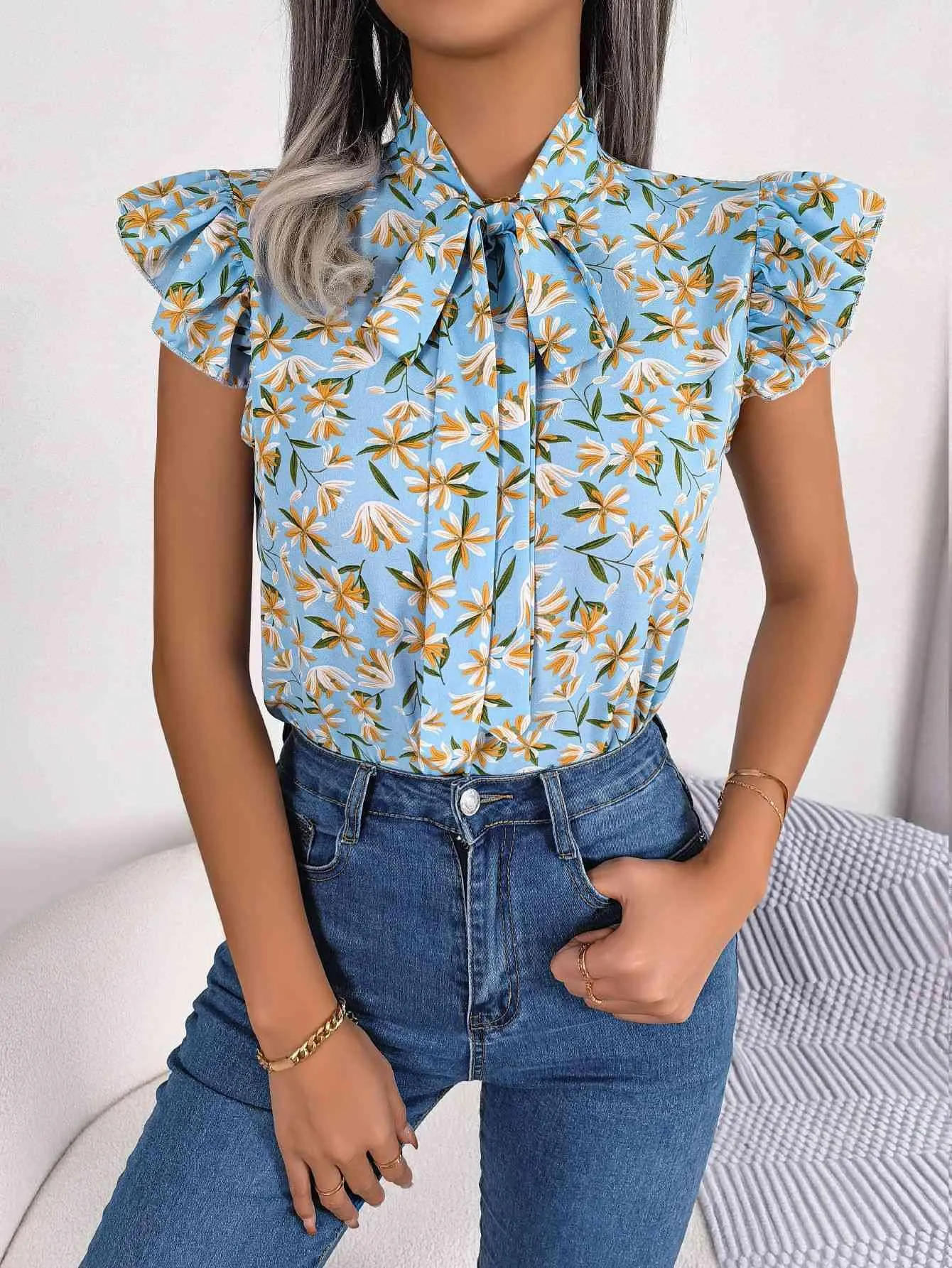 Girly Chic Tie Mock Neck Flutter Sleeve Floral Blouse