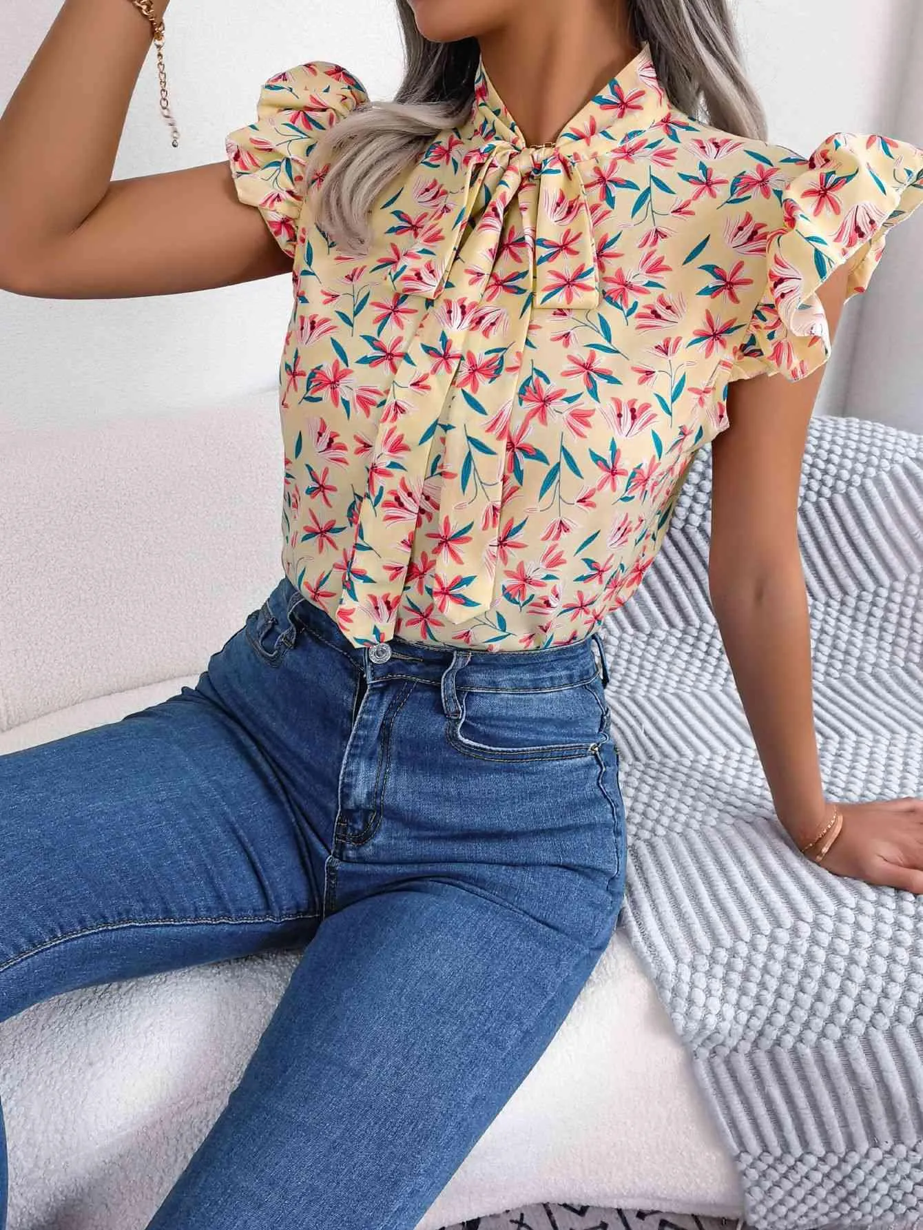 Girly Chic Tie Mock Neck Flutter Sleeve Floral Blouse