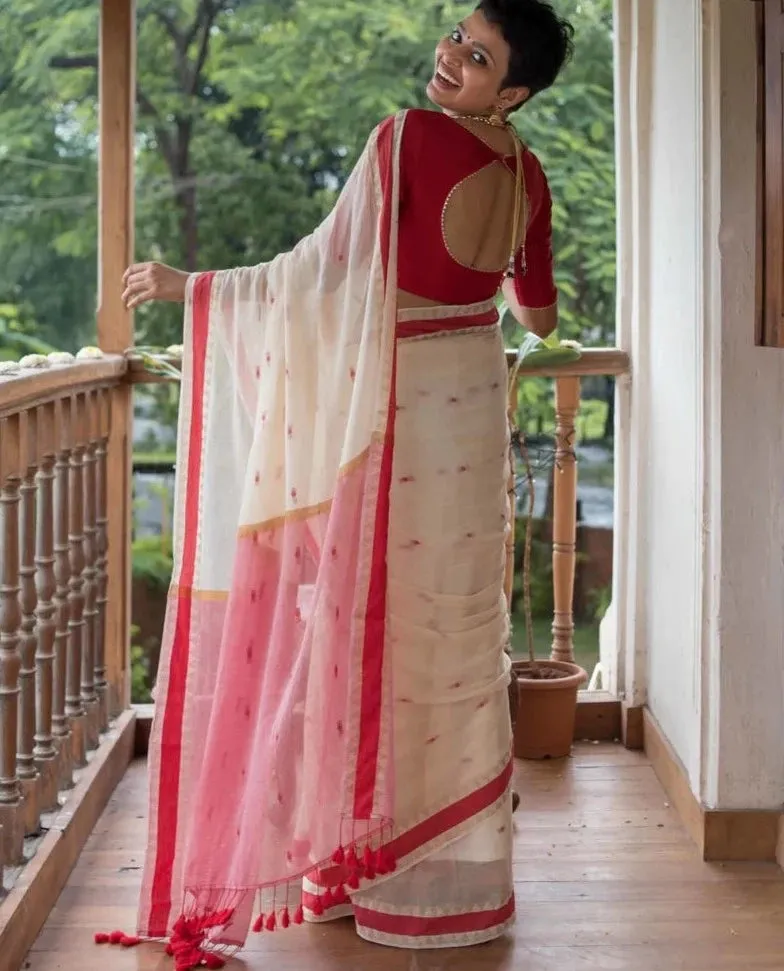 Gorgeous Off-white Mul Cotton Saree With Red And Gold Details