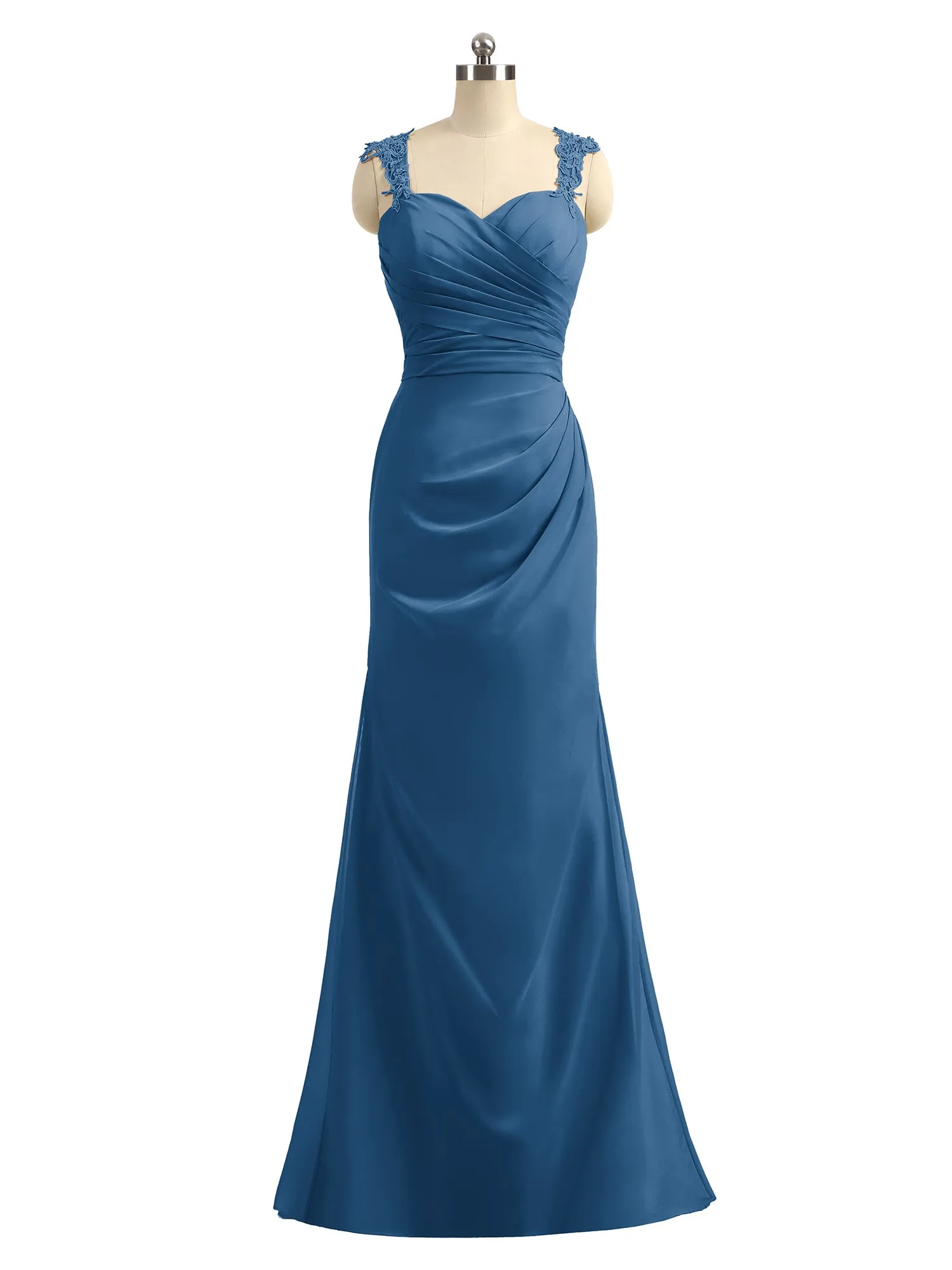 Lace Appliqued Strap Sheath Open Back Dress Ink Blue Plus Size