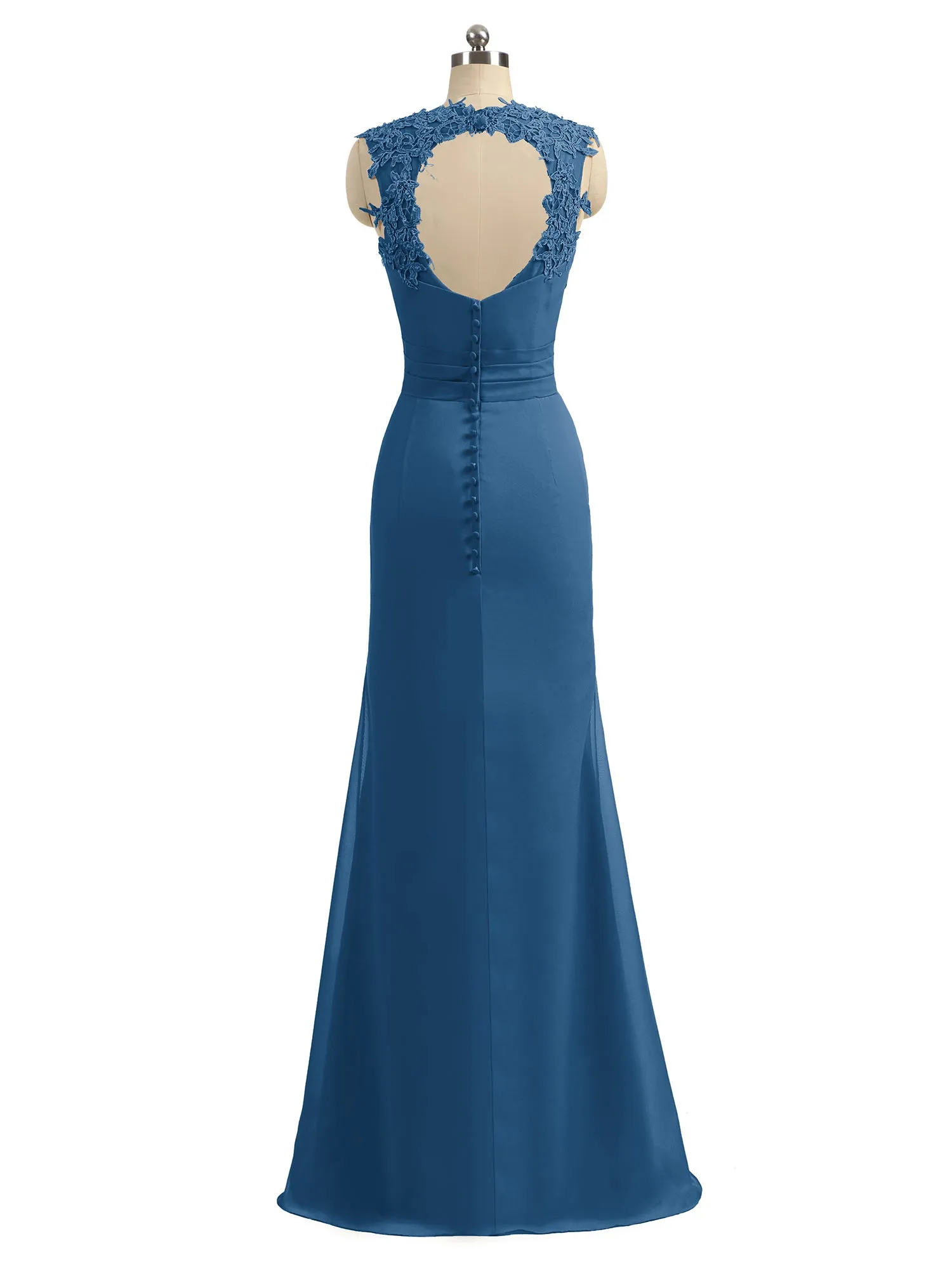 Lace Appliqued Strap Sheath Open Back Dress Ink Blue Plus Size