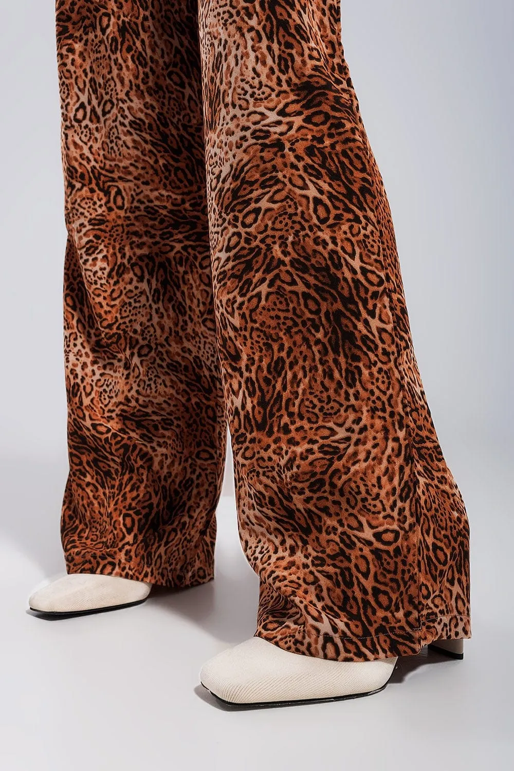 Leopard Print Wide Leg Pants In Brown