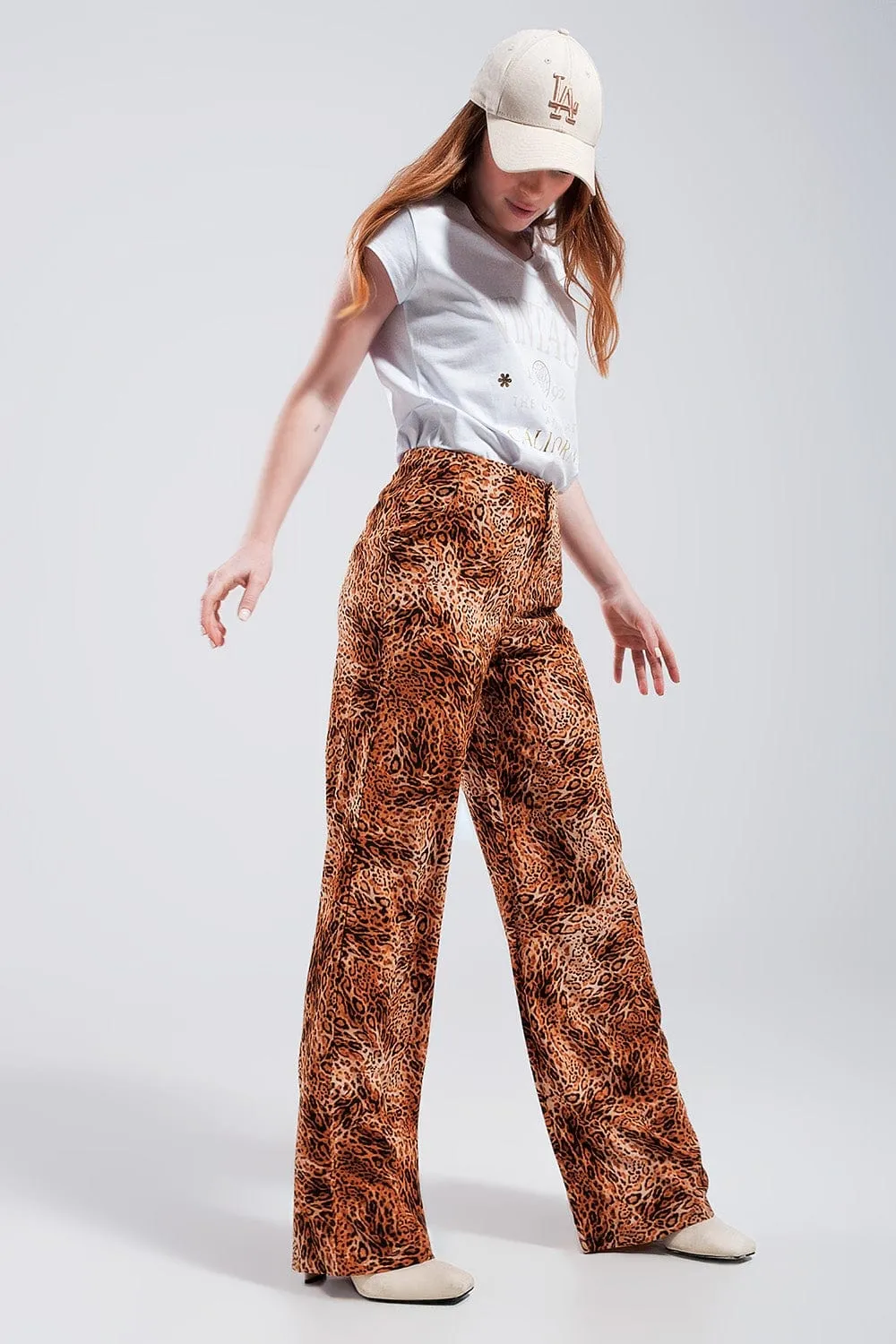 Leopard Print Wide Leg Pants In Brown