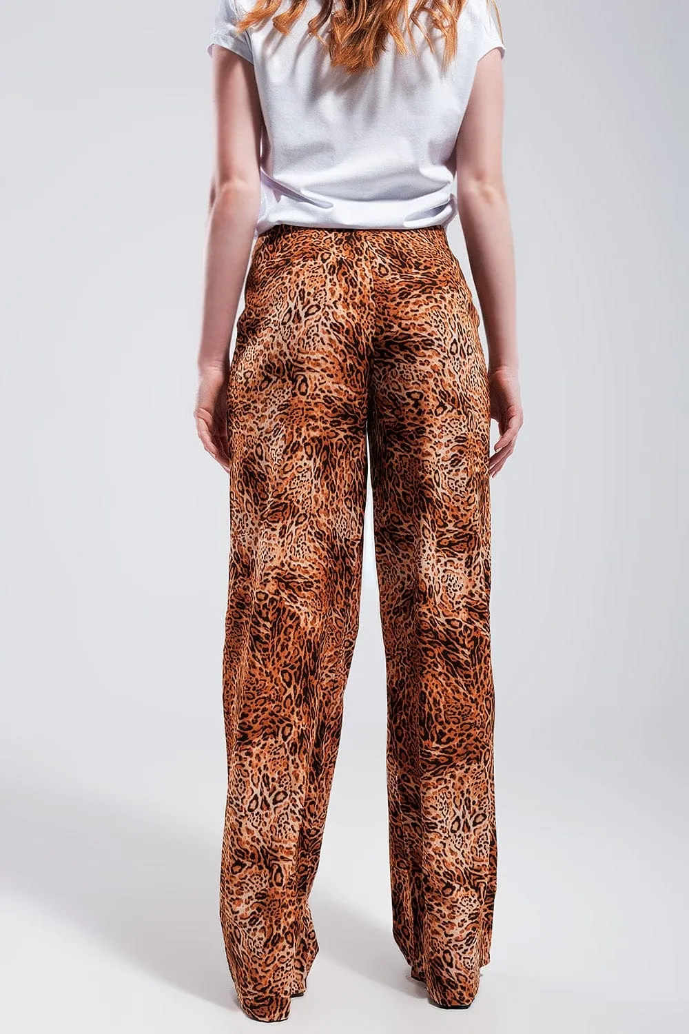 Leopard Print Wide Leg Pants In Brown