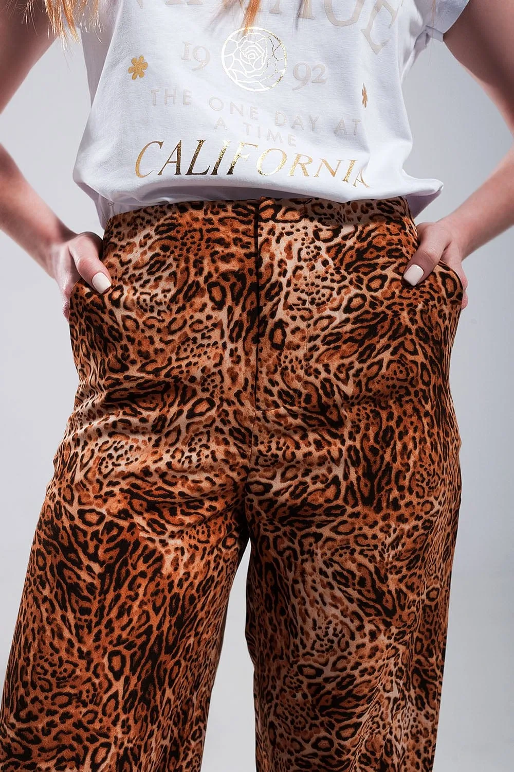 Leopard Print Wide Leg Pants In Brown