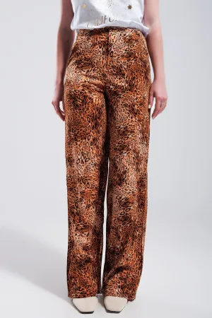 Leopard Print Wide Leg Pants In Brown