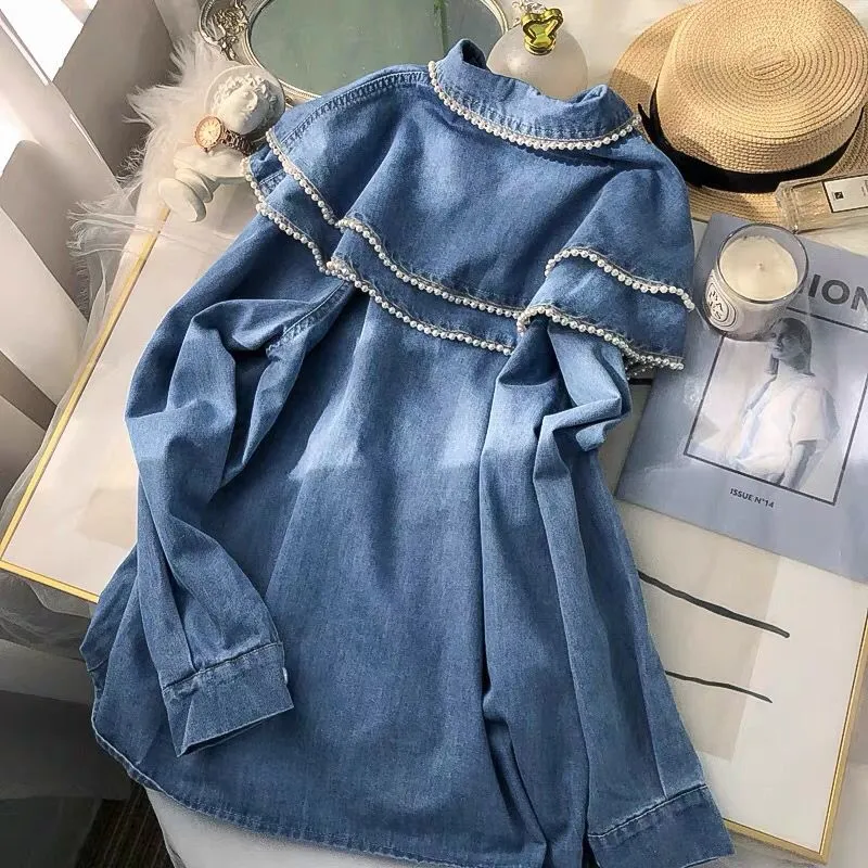 Lira French Collar Denim Blouse with Pearl Detailing