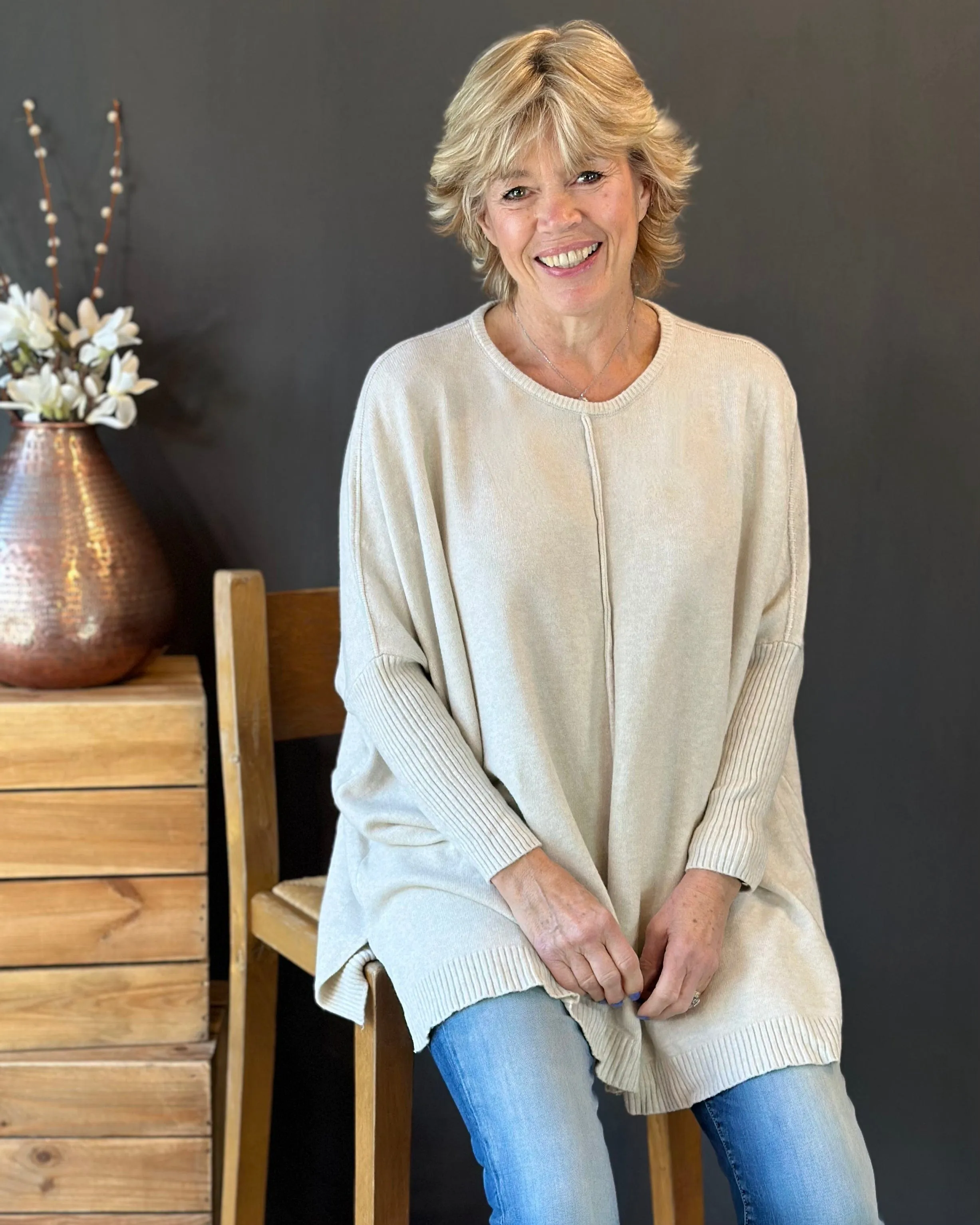 Long Sleeve Slouchy Jumper - Beige