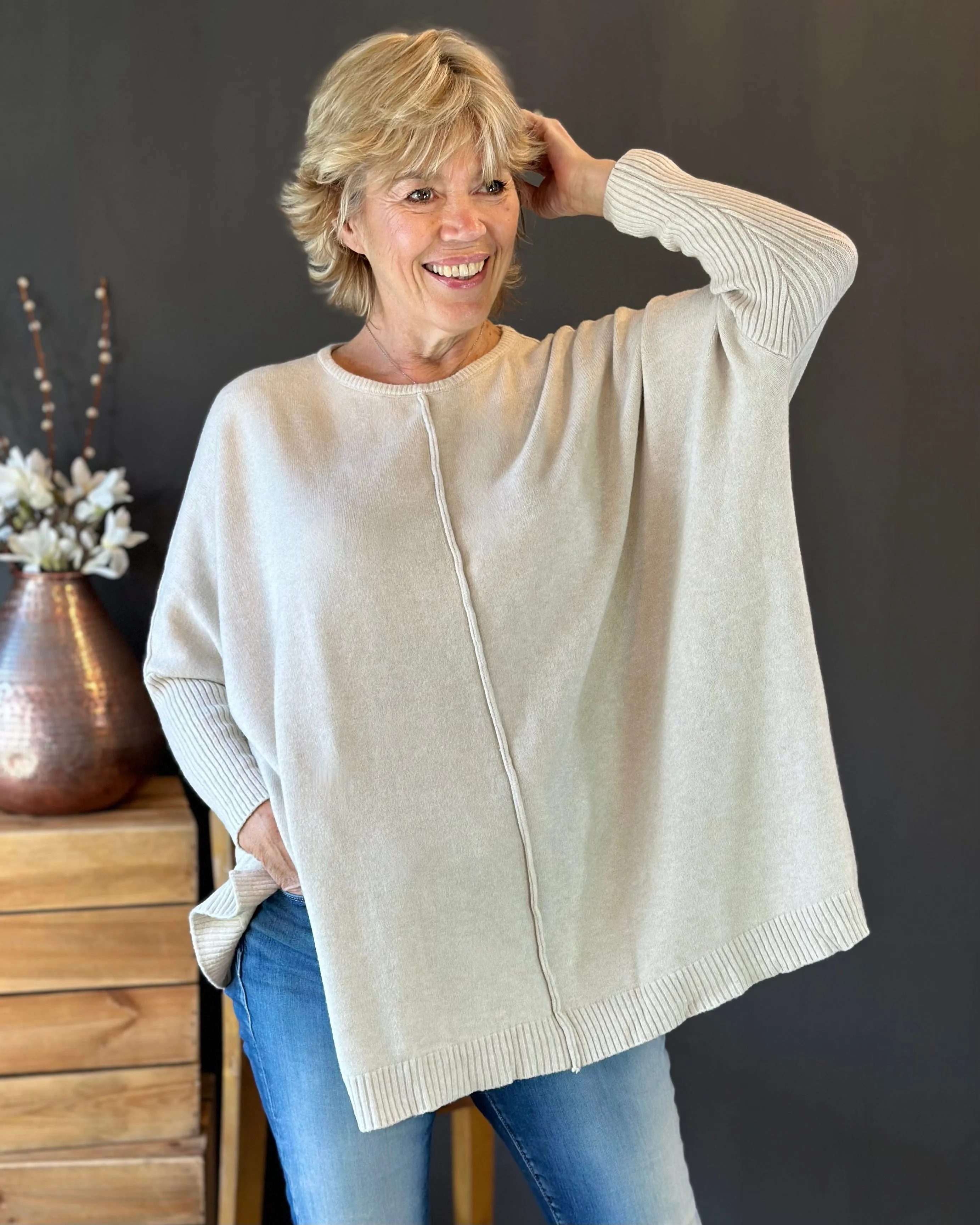 Long Sleeve Slouchy Jumper - Beige
