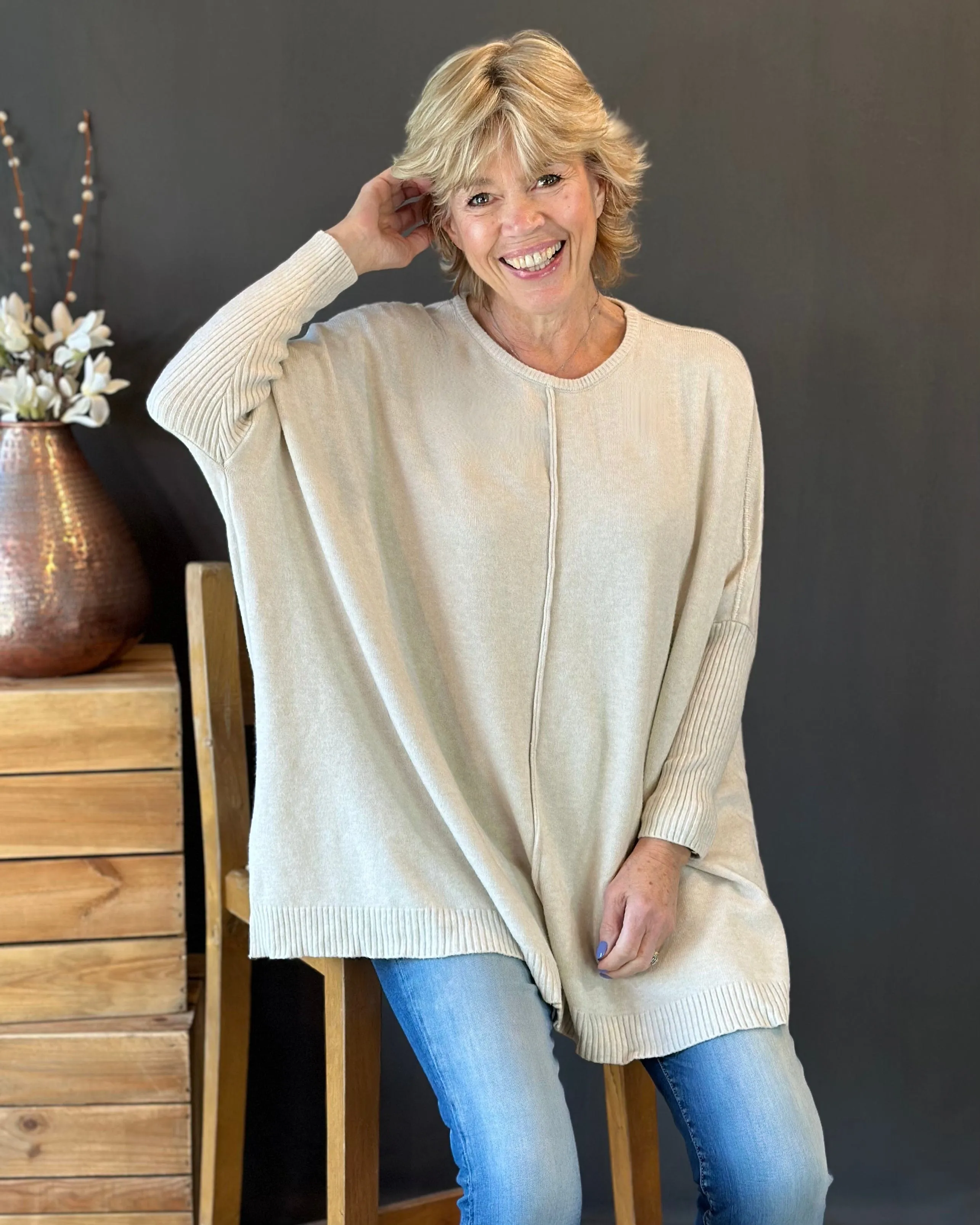 Long Sleeve Slouchy Jumper - Beige