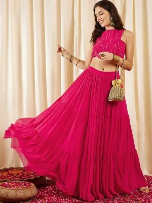 Magenta Embellished Sleeveless Crop Top With Skirts
