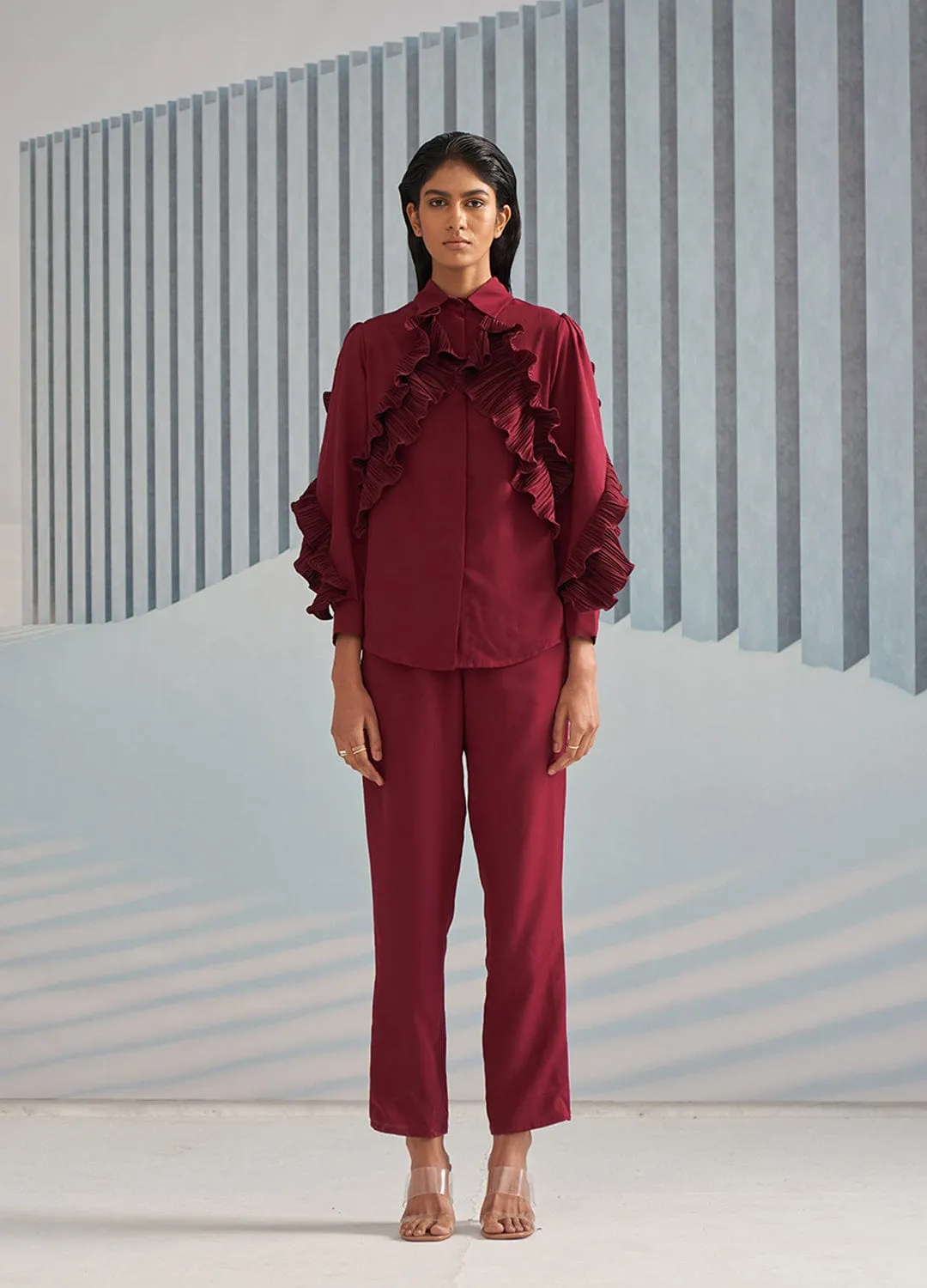 MAROON SHIRT WITH RUFFLE DETAILS