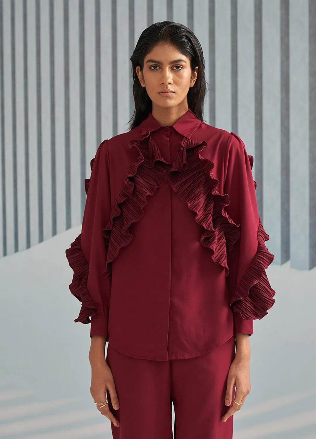 MAROON SHIRT WITH RUFFLE DETAILS