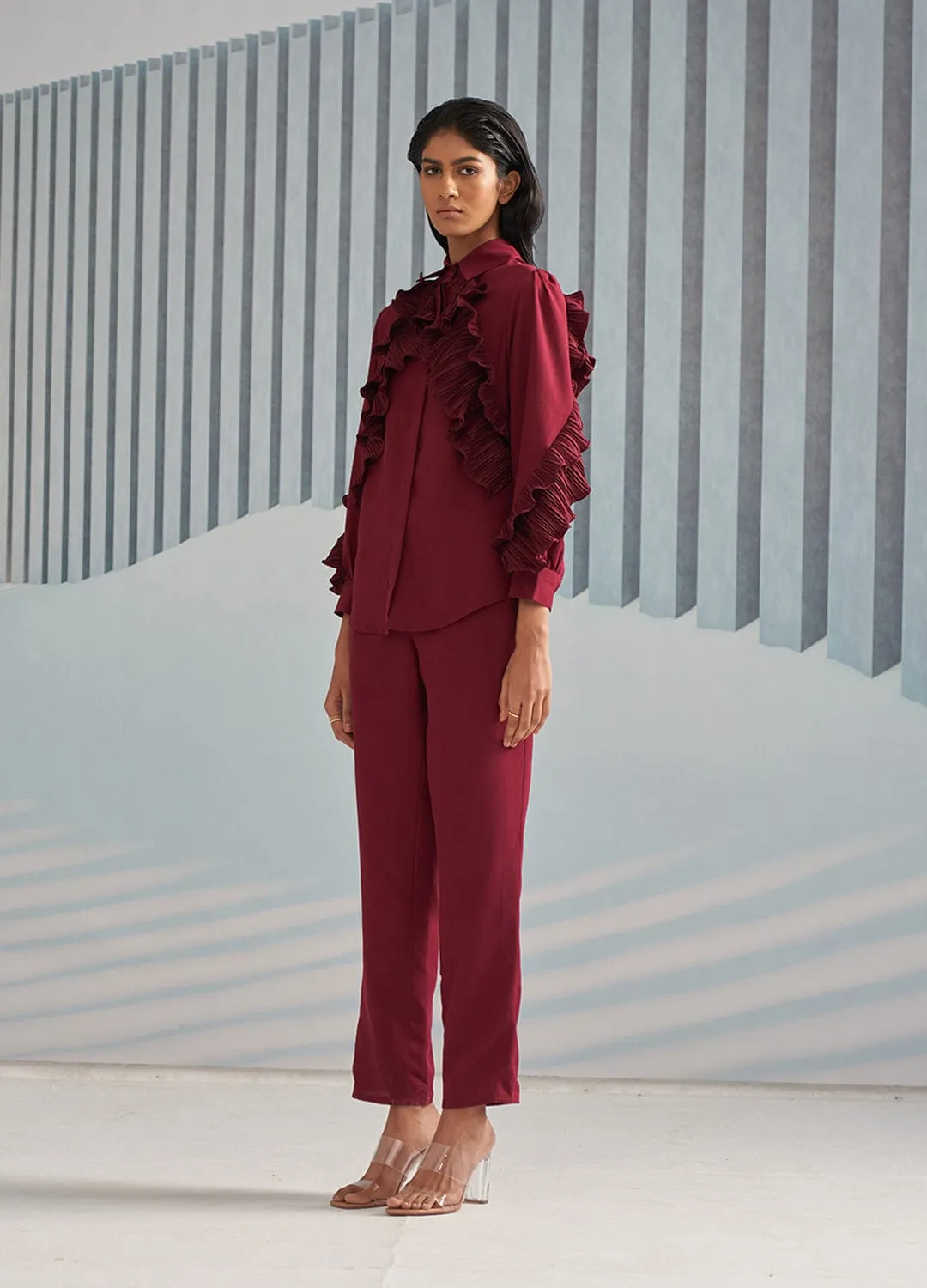 MAROON SHIRT WITH RUFFLE DETAILS