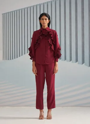 MAROON SHIRT WITH RUFFLE DETAILS