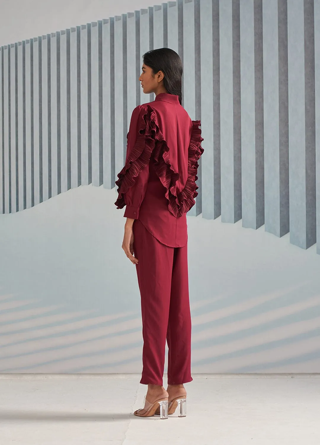 MAROON SHIRT WITH RUFFLE DETAILS