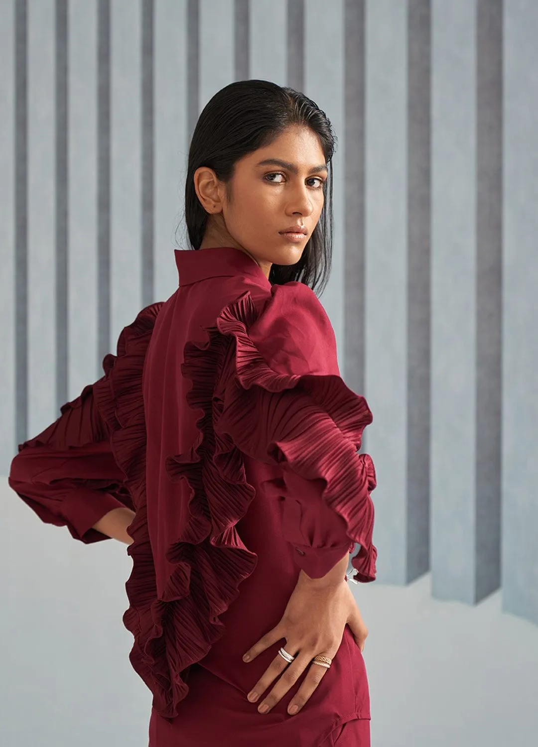 MAROON SHIRT WITH RUFFLE DETAILS