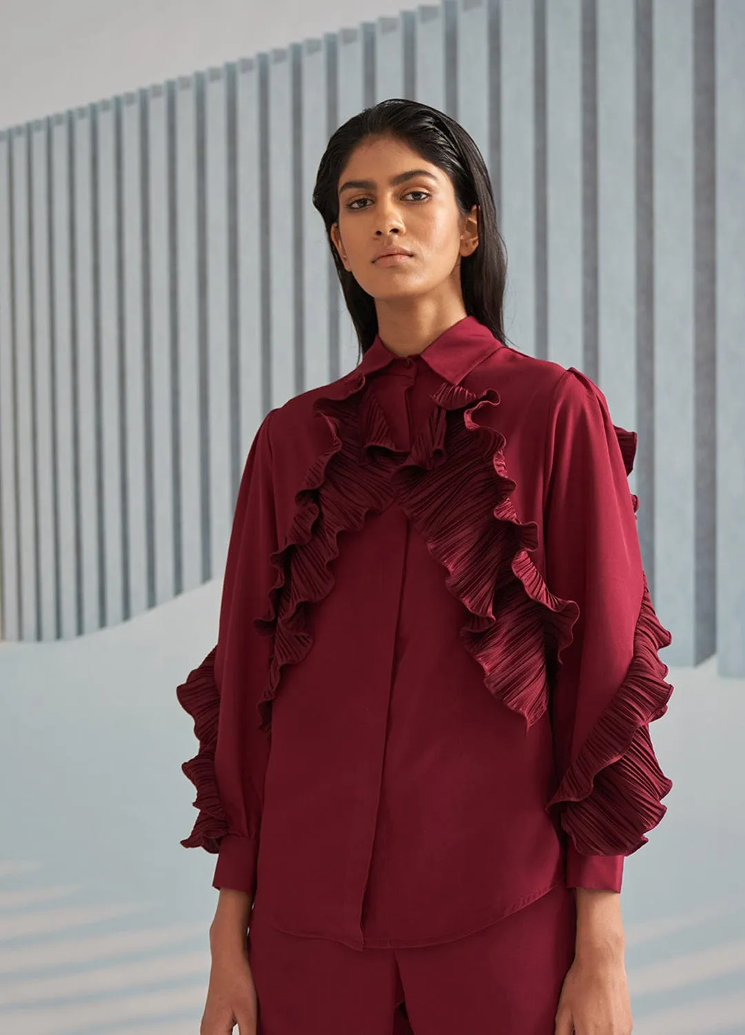 MAROON SHIRT WITH RUFFLE DETAILS