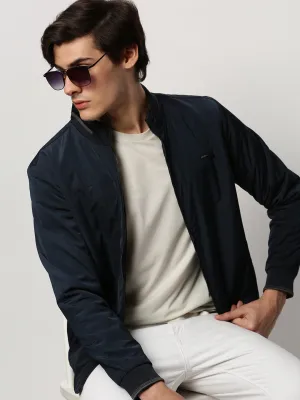 Men Navy Blue Mock Collar Taslon Bomber Jacket