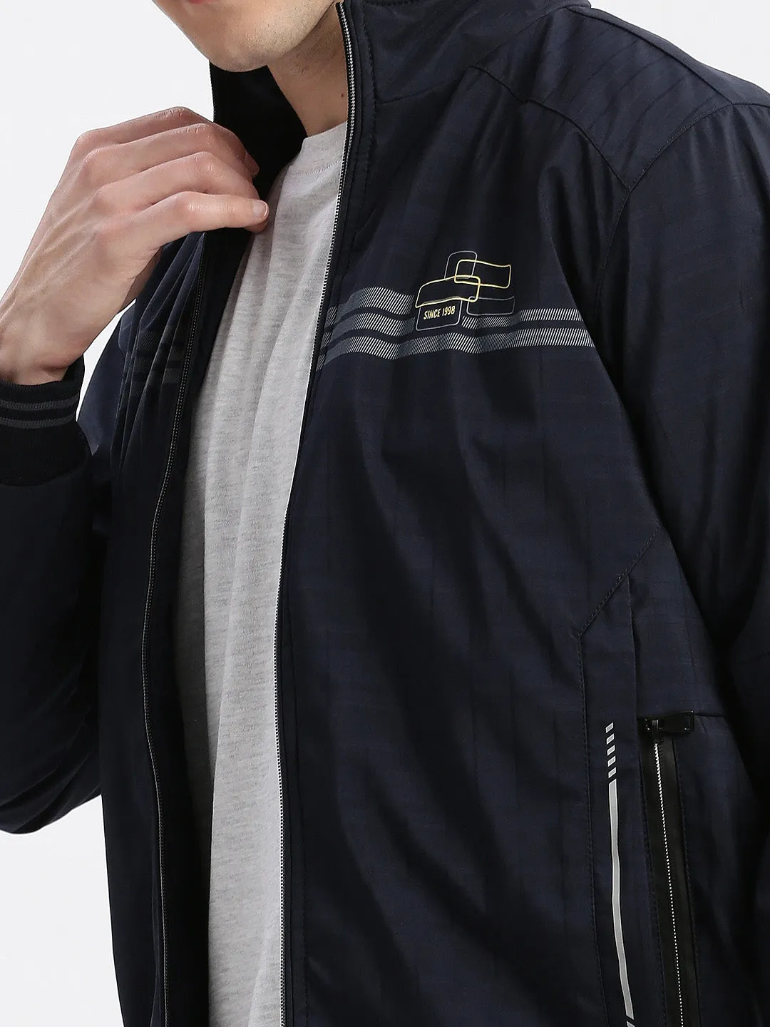Men Navy Blue Mock Collar Windcheater Bomber Jacket
