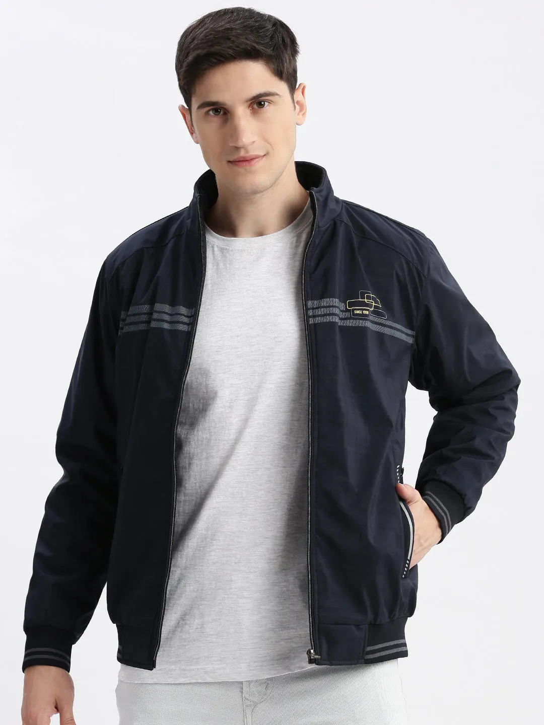 Men Navy Blue Mock Collar Windcheater Bomber Jacket