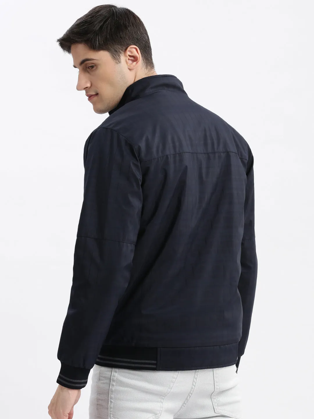 Men Navy Blue Mock Collar Windcheater Bomber Jacket