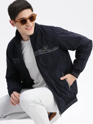 Men Navy Blue Mock Collar Windcheater Bomber Jacket