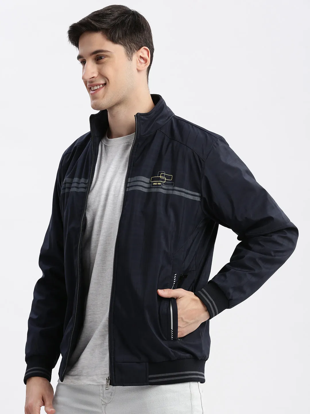 Men Navy Blue Mock Collar Windcheater Bomber Jacket