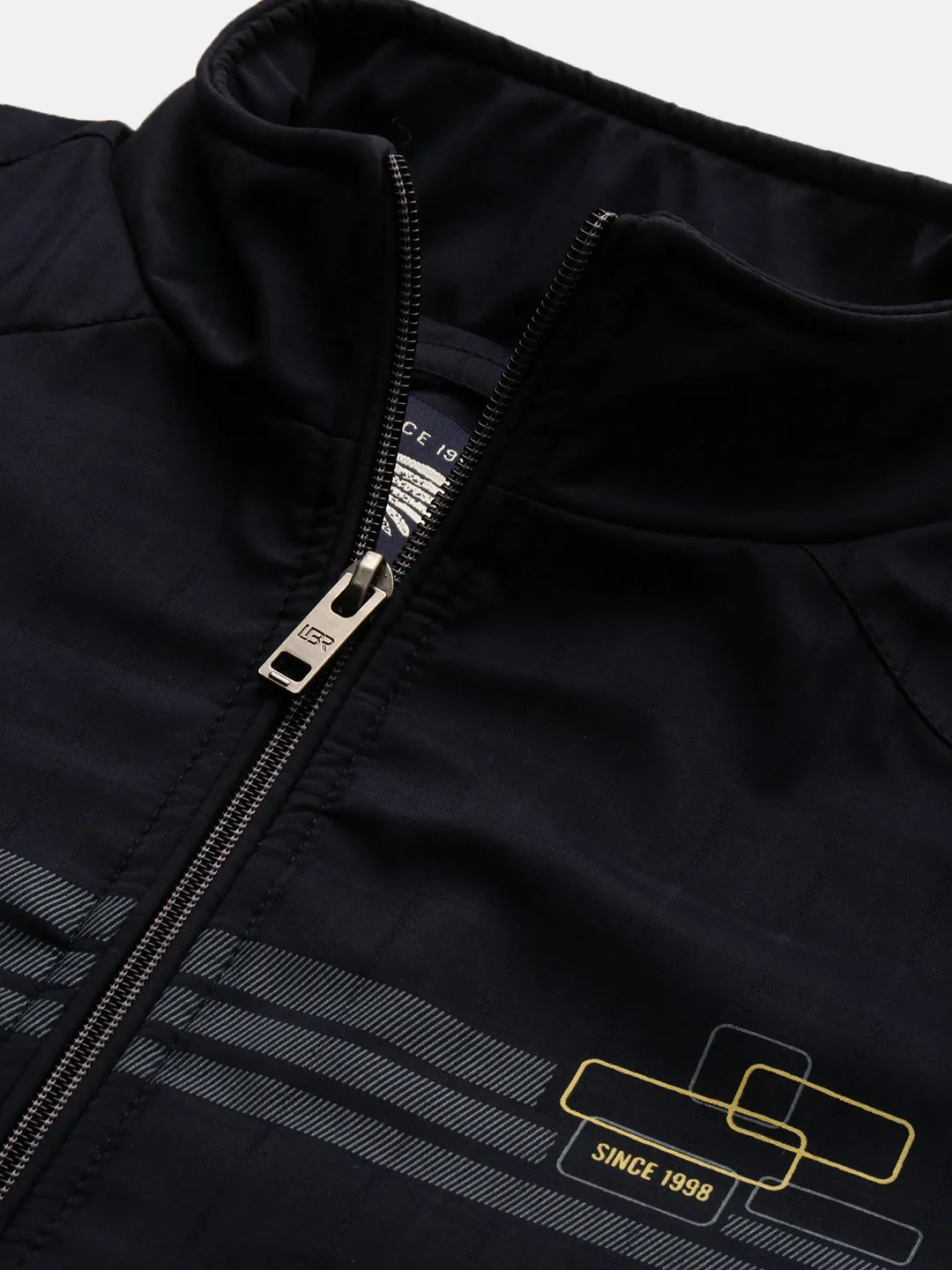 Men Navy Blue Mock Collar Windcheater Bomber Jacket
