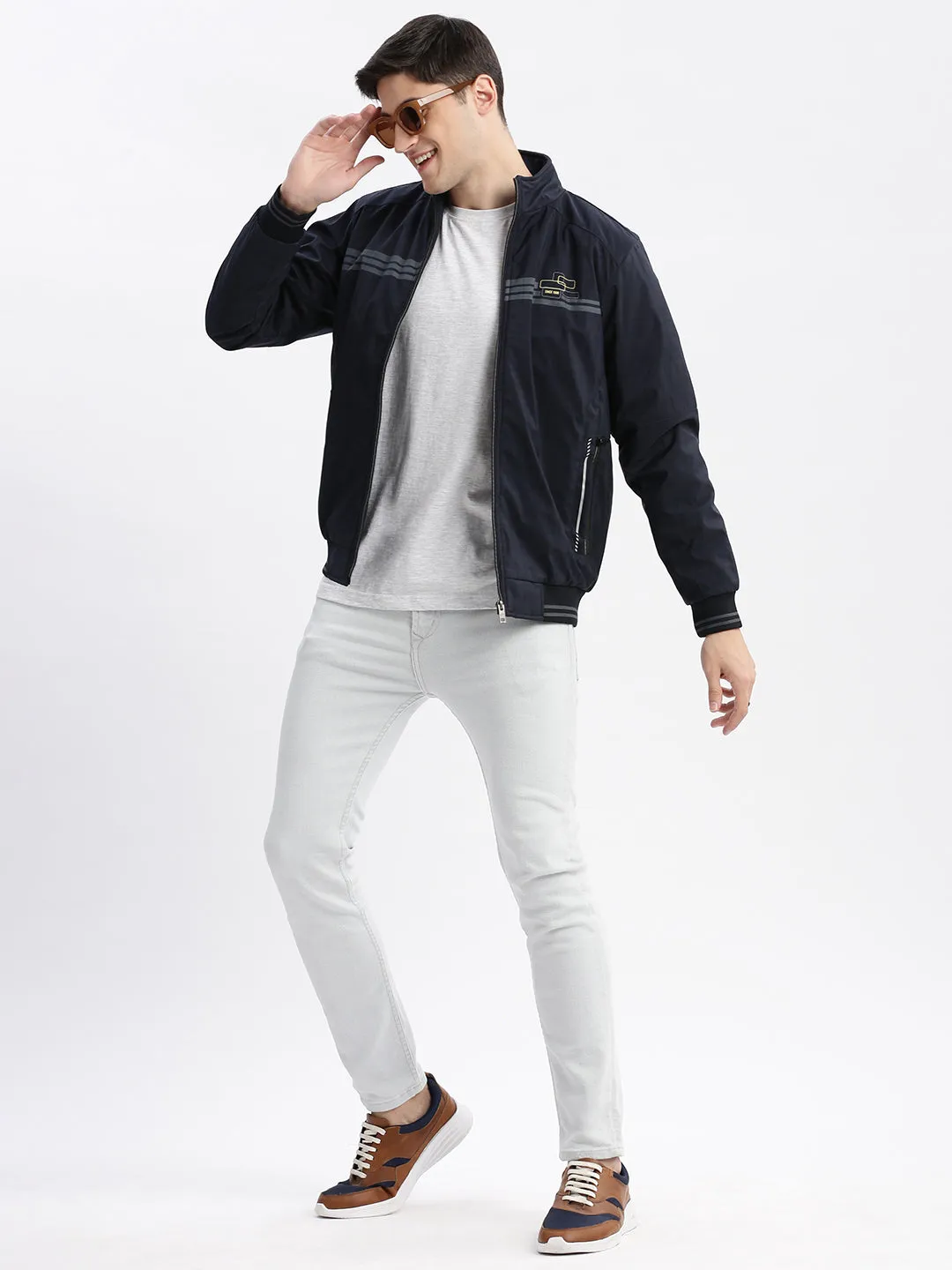 Men Navy Blue Mock Collar Windcheater Bomber Jacket