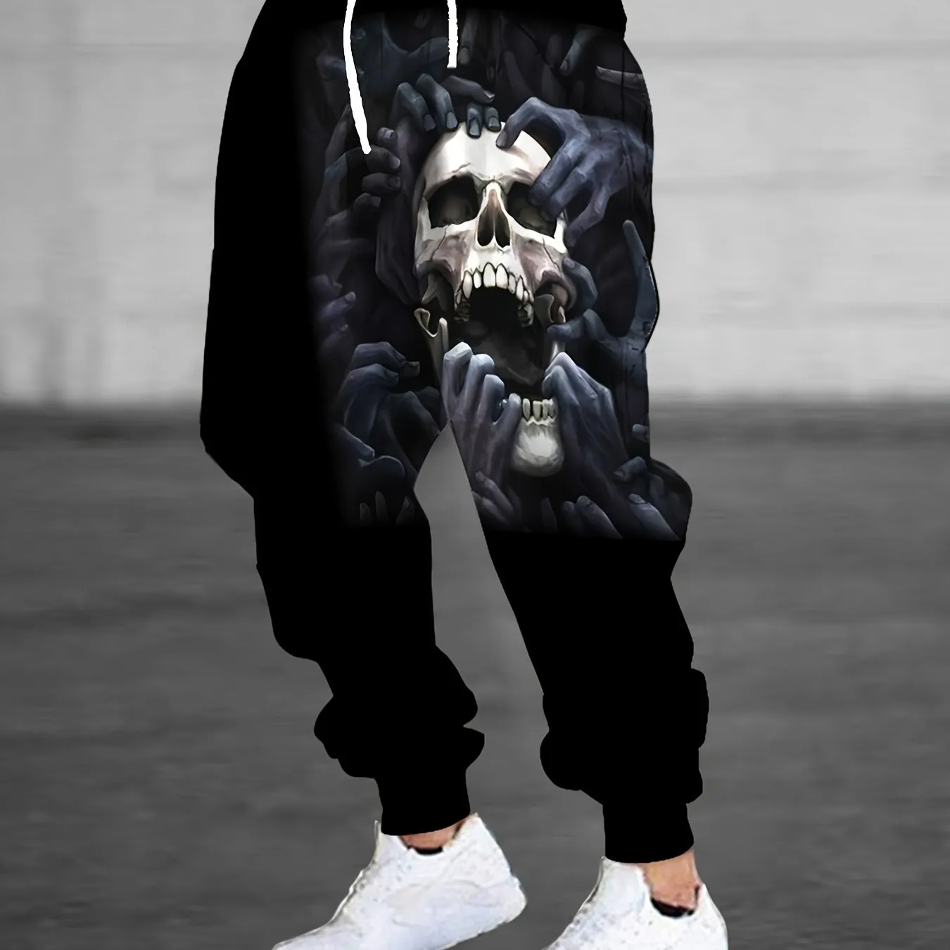 Men's Halloween Themed Skull & Hands Print Jogger Pants With Drawstring, Casual Sports Trousers As Gift