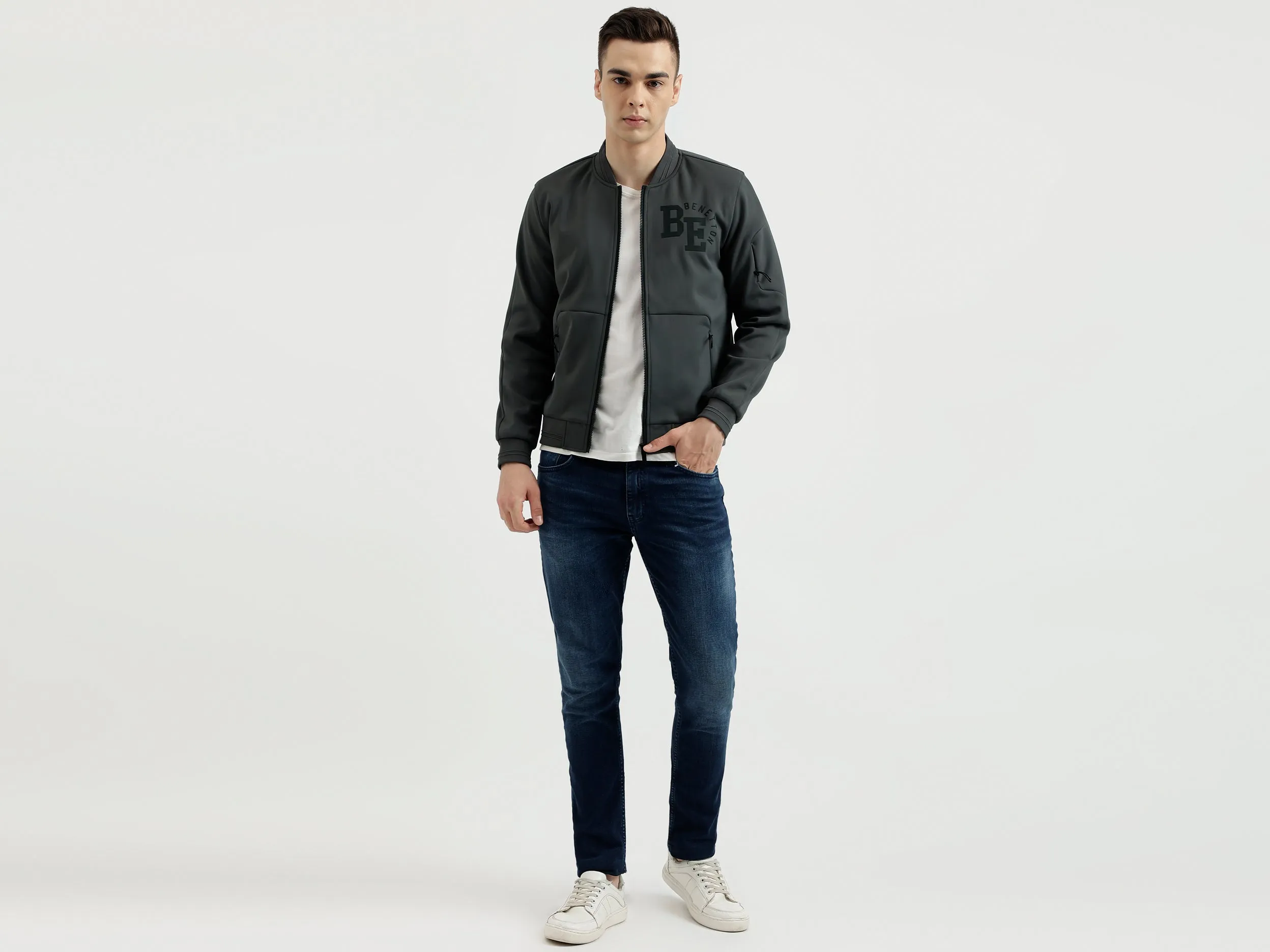 Men's Regular Fit Baseball Collar Scuba Knitted Bomber Jacket