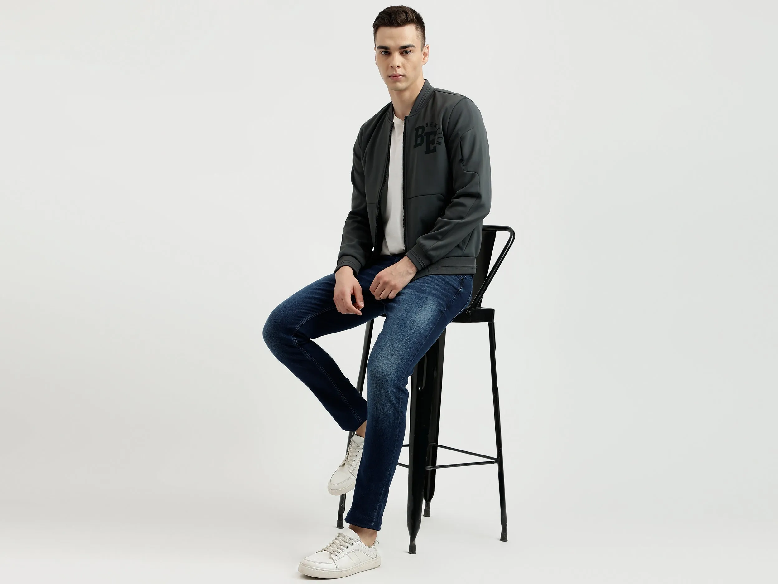 Men's Regular Fit Baseball Collar Scuba Knitted Bomber Jacket