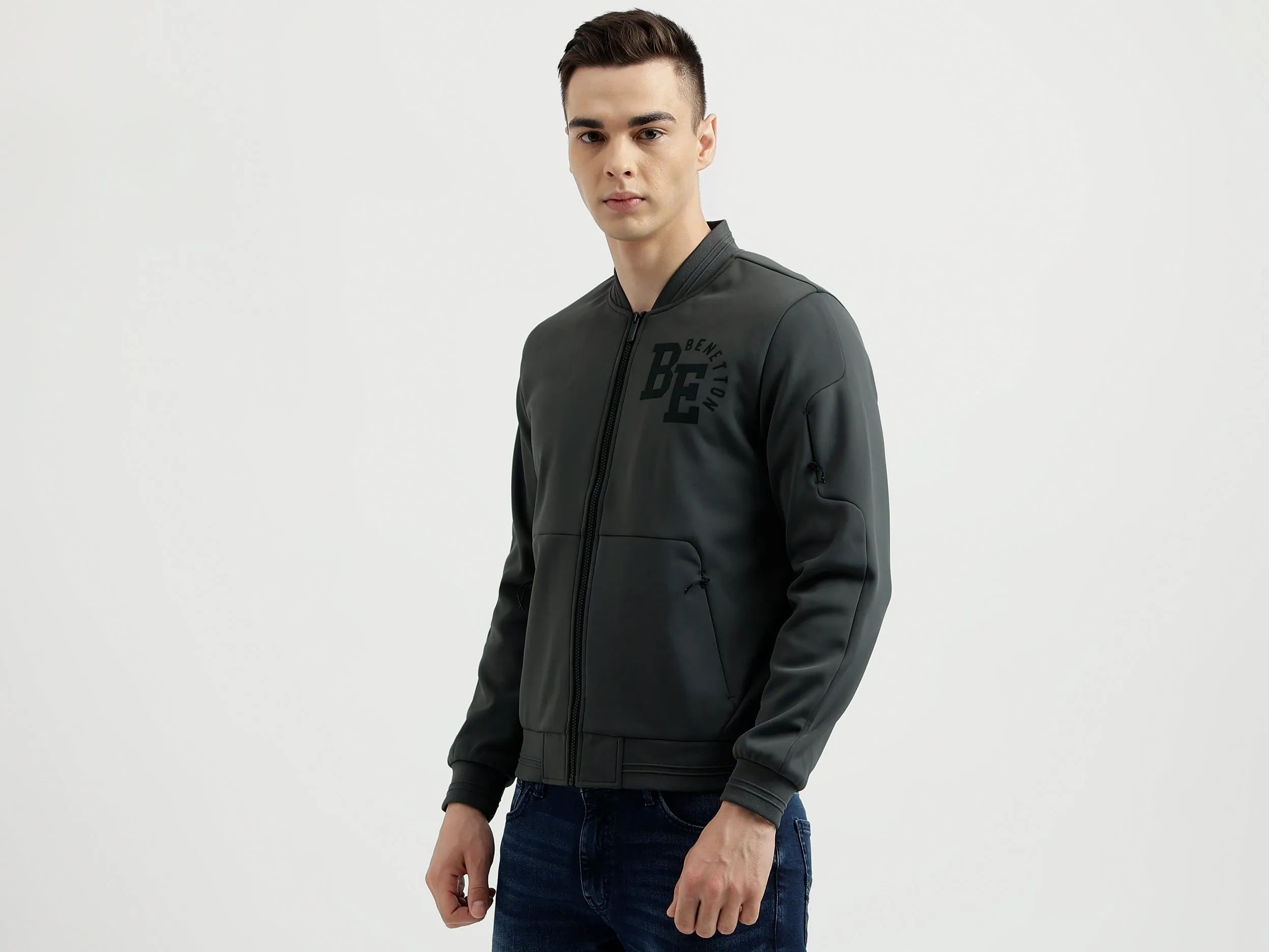Men's Regular Fit Baseball Collar Scuba Knitted Bomber Jacket