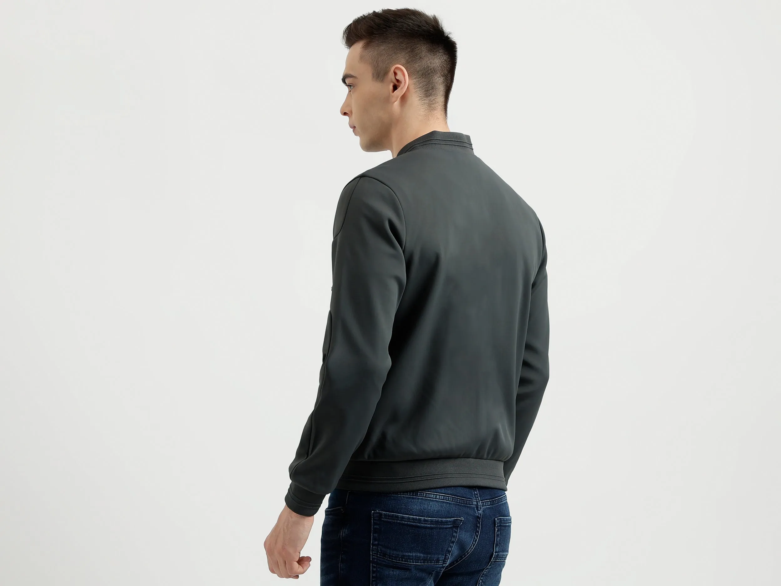 Men's Regular Fit Baseball Collar Scuba Knitted Bomber Jacket