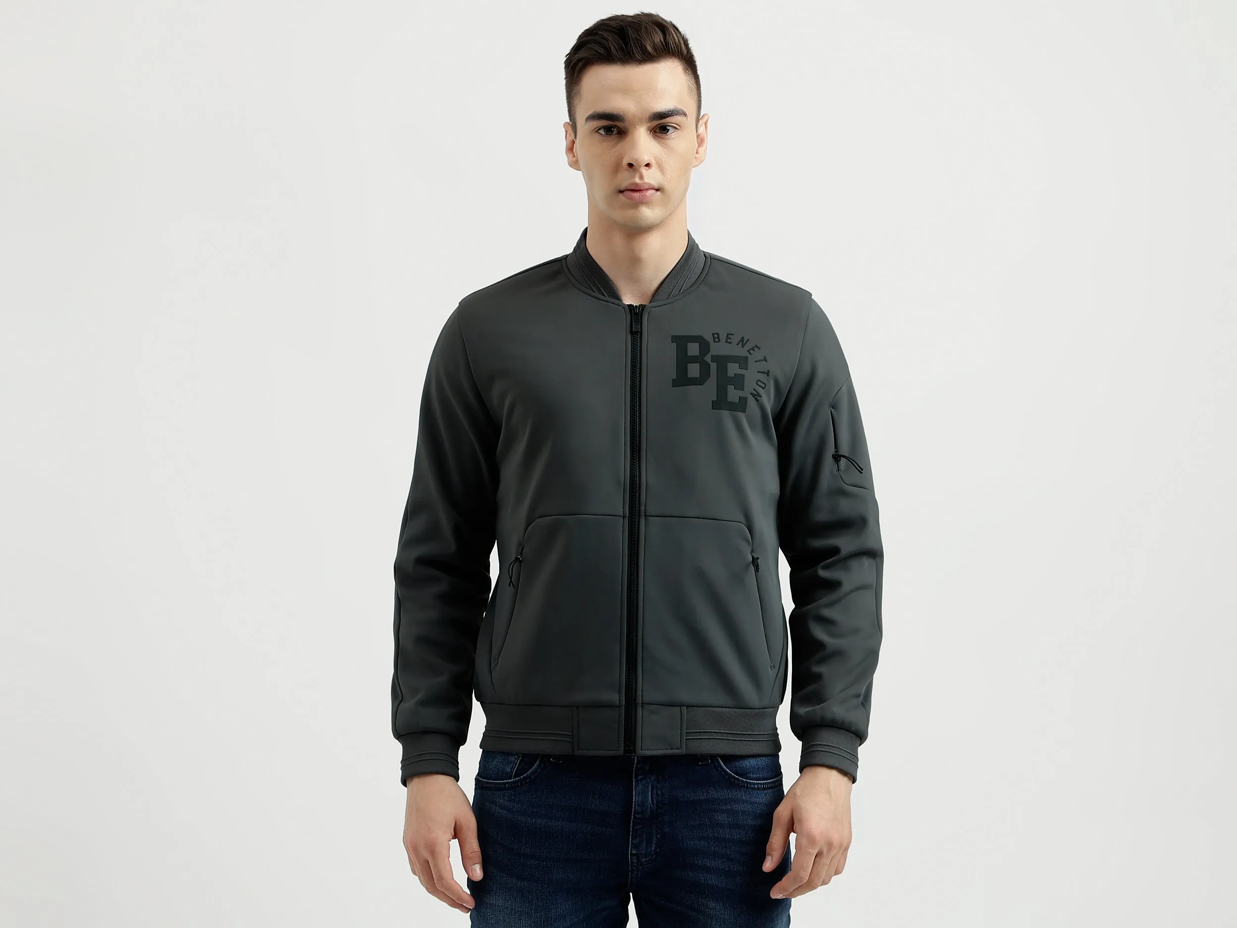 Men's Regular Fit Baseball Collar Scuba Knitted Bomber Jacket
